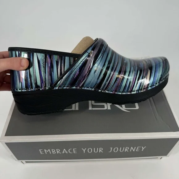NIB Dansko Teal Striped patent leather slip on clogs multi sizes - Picture 4 of 6